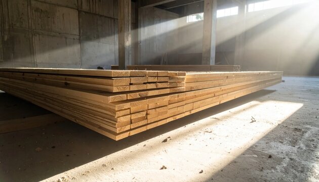 Neatly Stacked Raw Wood Planks in a Sunlit Industrial Warehouse Interior
