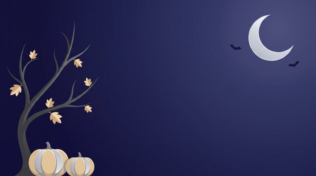Halloween background with pumpkins, bare tree, crescent moon and bats