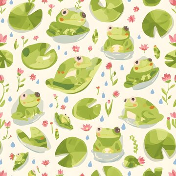 Cute green frogs on lily pads seamless pattern background
