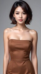 Fototapeta premium a brunette woman with short hair wearing a brown summer dress posing in the studio, fashion photography, spring summer collection 