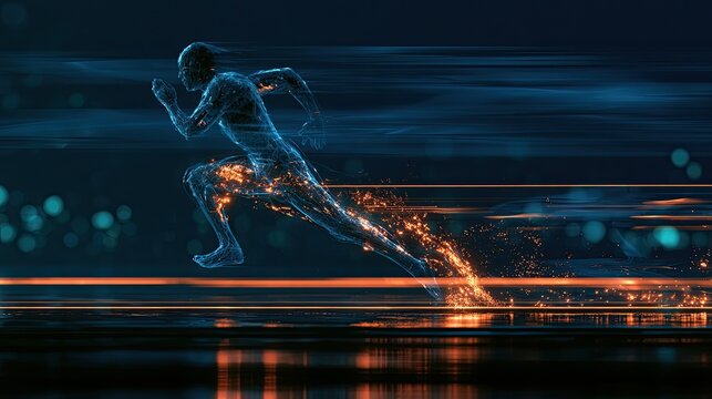 Futuristic figure in motion, trailing sparks and light streaks