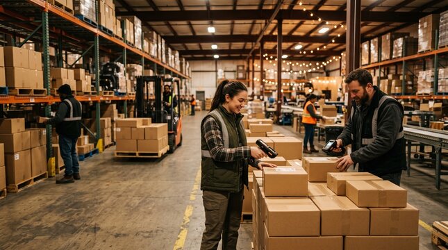 Warehouse workers scanning packages with handheld devices for inventory management and logistics