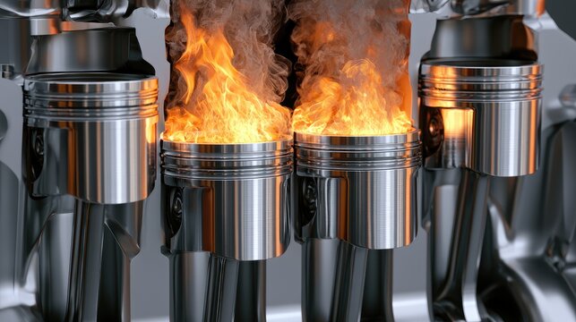 Detailed close-up of four pistons firing within a mechanical engine cylinder