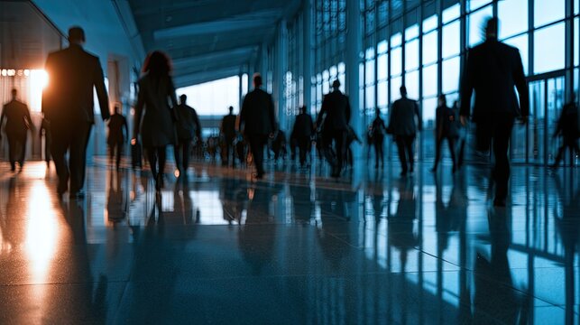 Silhouettes of business people walking in a modern, sunlit hallway