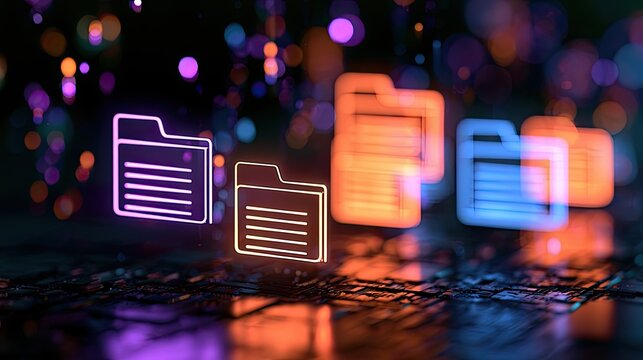 Glowing digital folders illuminate a dark, futuristic data landscape