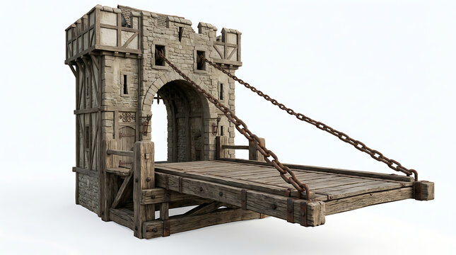 Medieval stone castle gatehouse with a wooden drawbridge on white background