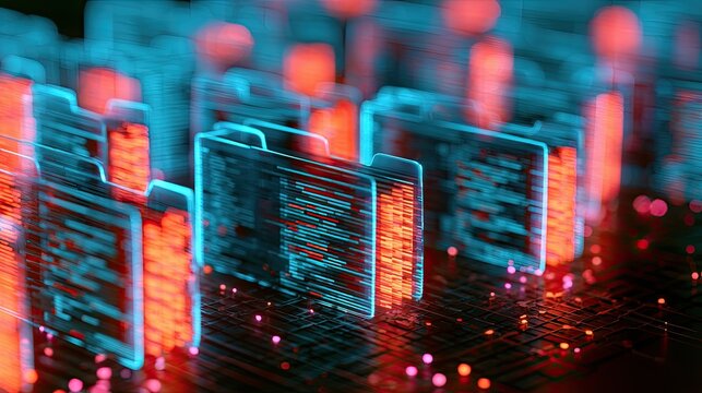 Illuminated digital files glowing with data, organized in a futuristic system