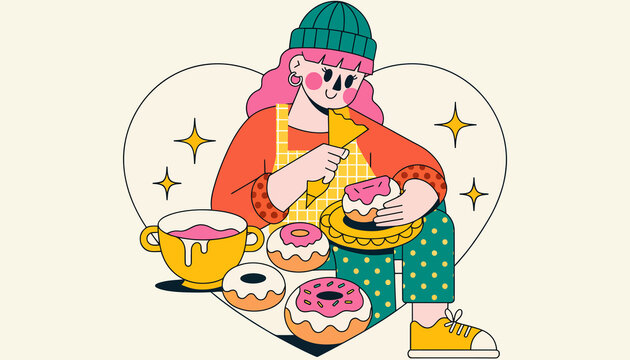 Artistic illustration of a young woman decorating cakes and donuts, creating sweet treats, with a heart outline and stars.