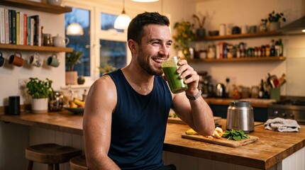 Fototapeta premium Man drinking healthy green smoothie after workout in a modern kitchen