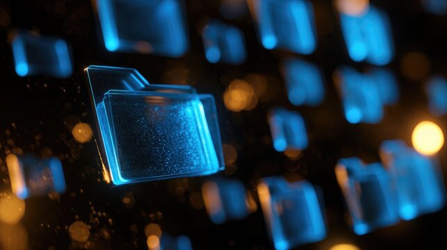 Abstract digital folders glow with ethereal blue and orange light