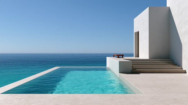 Minimalist modern architecture with infinity pool overlooking ocean