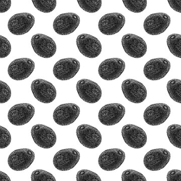 Hand-drawn fineliner seamless pattern of a ripe avocado with bumpy skin on white background. Perfect for modern kitchen textiles, eco-friendly packaging, cafe menus, tote bags, and wrapping paper.