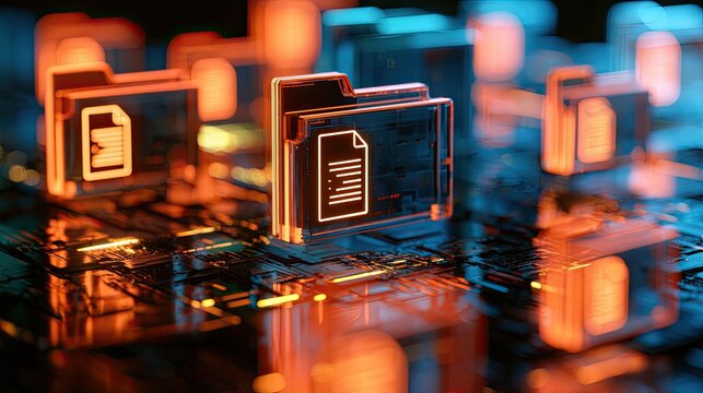 Digital glowing folders with document icons on a circuit board