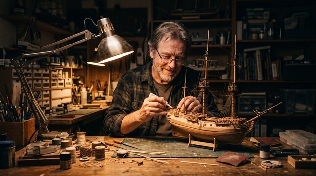 Skilled craftsman meticulously assembling a wooden ship model in a well-lit workshop