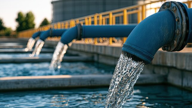 Blue pipes discharge clean water into open tanks at an industrial facility