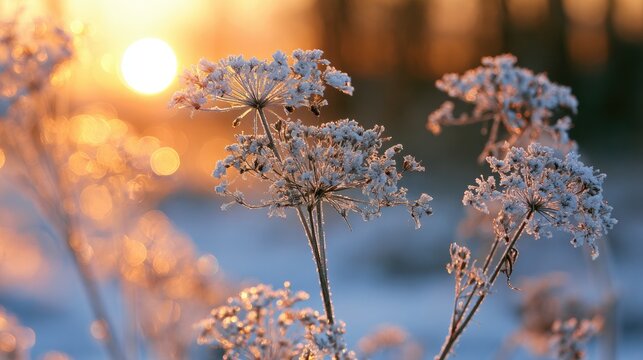 Frost-kissed plants shimmer in the warm, golden glow of a rising sun