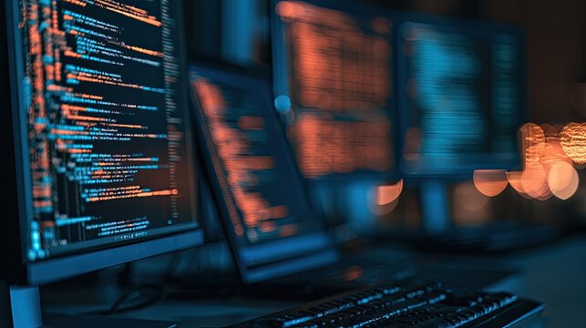 Rows of glowing computer screens display lines of code in a dark room