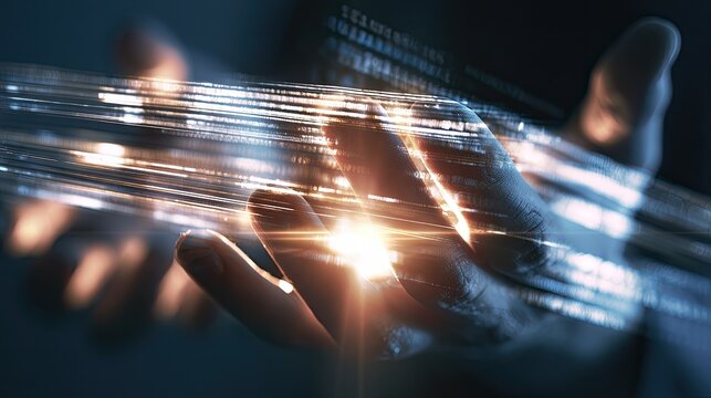 Hands grasp digital light streams flowing through them, tech future