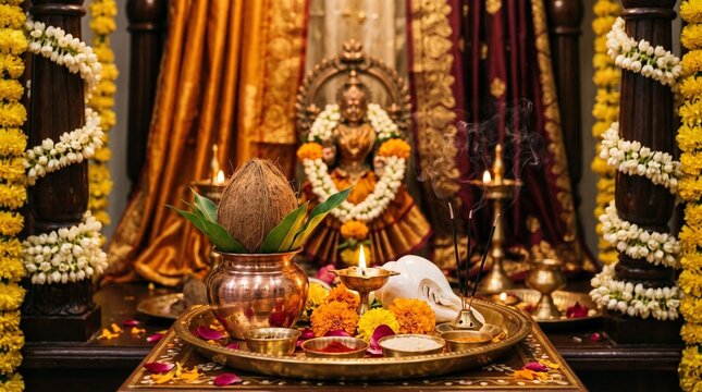 Vamana Jayanti, ceremonial offering tray with ornate conch shell, sacred kalash and fresh flowers on elegant devotional background
