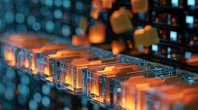 Illuminated digital file folders organized in glowing translucent containers