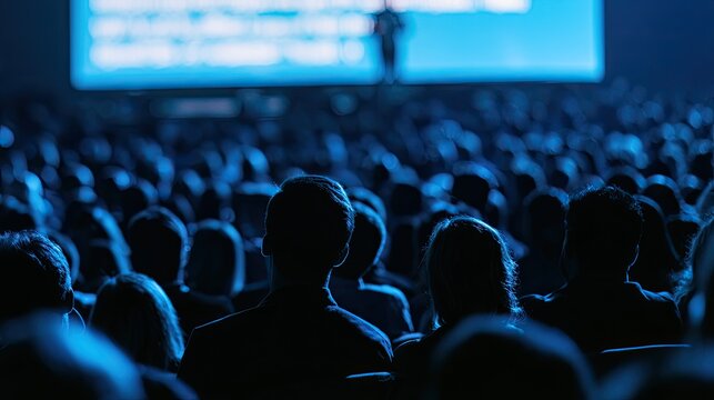 Silhouetted audience faces large screen at dark presentation