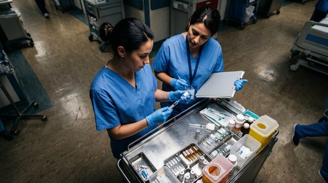 Two nurses in blue scrubs and gloves prepare medication and check patient records on a medical cart in a hospital hallway
