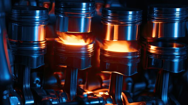 Gleaming pistons ignite in a powerful, close-up view of a mechanical engine