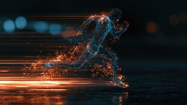Fiery digital runner composed of particles, streaking with light trails