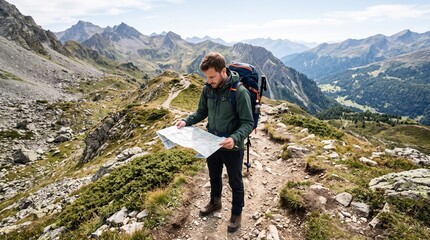 Fototapeta premium Man hiker with backpack studying a map on a mountain trail with scenic alpine landscape background