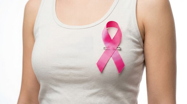 A woman wearing a white tank top with a pink ribbon pinned to her chest for breast cancer awareness month support