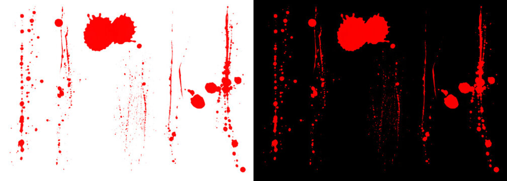 Red blood splatters and paint drips, horror background textures on white and black, crime scene design elements
