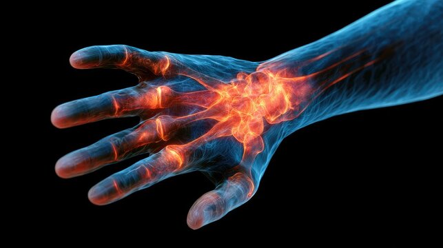 Illuminated digital rendering highlights inflamed wrist and hand bones