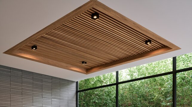 Recessed wooden slatted ceiling with three modern spotlights and a large window