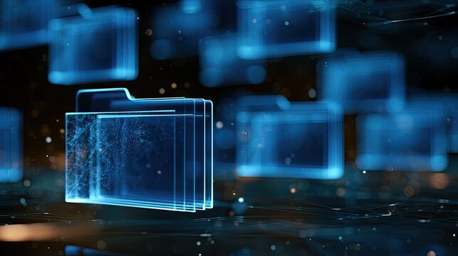 Glowing digital folders arranged in a network, representing data storage
