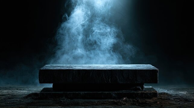 A stone pedestal in mystical blue smoke, dramatically lit in darkness