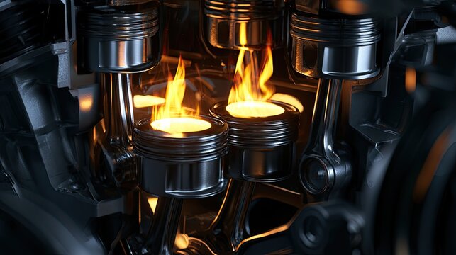 Close-up of internal combustion engine cylinders firing with flames
