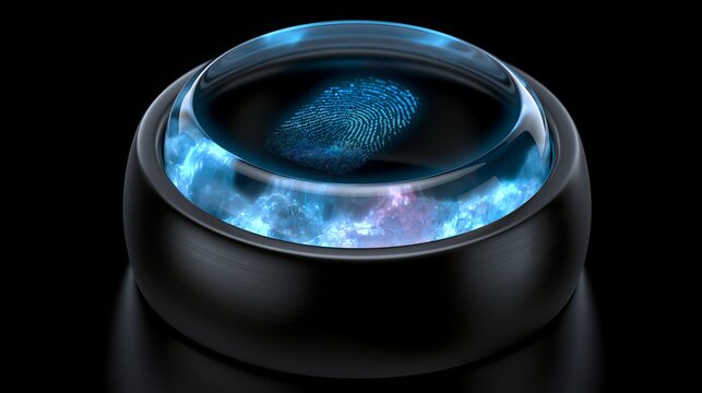 Luxury biometric ring, matte black titanium with transparent crystal center and glowing blue fingerprint scan.