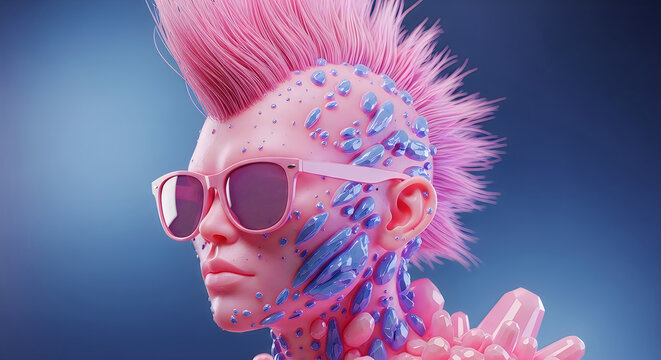 Portrait of a young person with pink mohawk hair and artistic colorful face paint wearing sunglasses