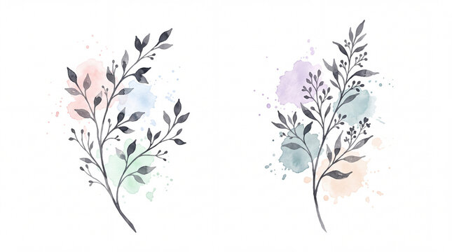 Watercolor Botanical Leaf Branches with Pastel Paint Splatters Set Isolated on White Background for Elegant Floral Design Concept