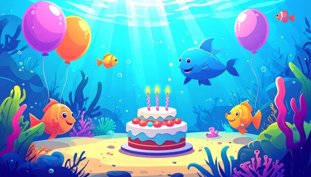 Birthday Cake with Candles and Flowers, Colorful Underwater Cartoon Marine Life with Fish, Octopus, Dolphin, Crab, Starfish and Coral Vector Illustration