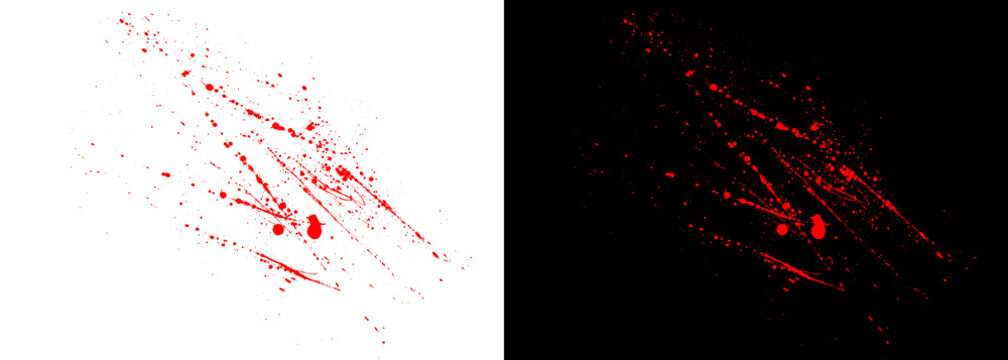 Red blood splatters and scratch marks, horror bloodstains on white and black backgrounds, violent crime scene texture overlays