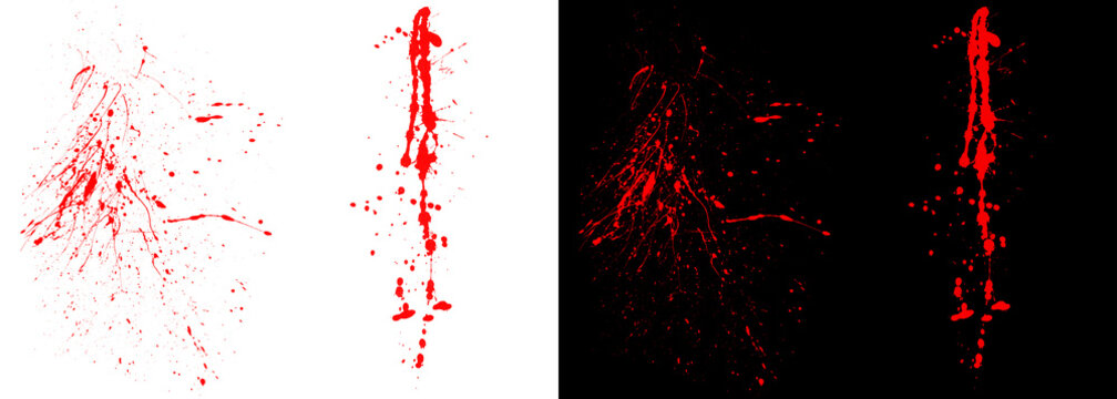 Red blood splatters on white and black backgrounds, horror paint drip textures, abstract liquid splash elements for graphic design
