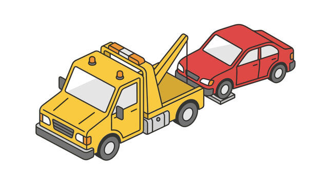 Isometric illustration of yellow tow truck towing a red car