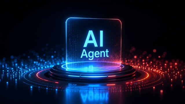 Glowing transparent panel displaying AI Agent text on a futuristic high tech pedestal with red and blue neon particles representing advanced artificial intelligence technology