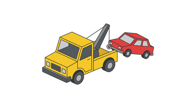 Yellow tow truck towing a red car isometric cartoon illustration