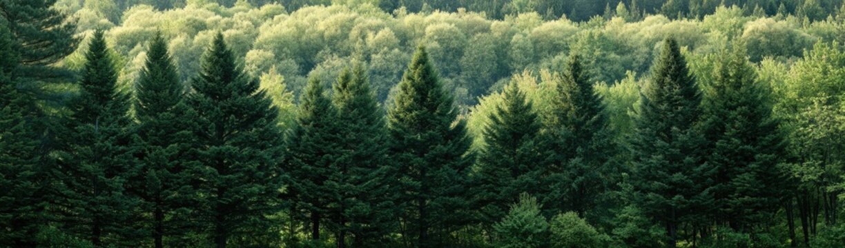 A row of tall, dark green evergreen trees stand before a softly blurred backdrop of lush green deciduous trees