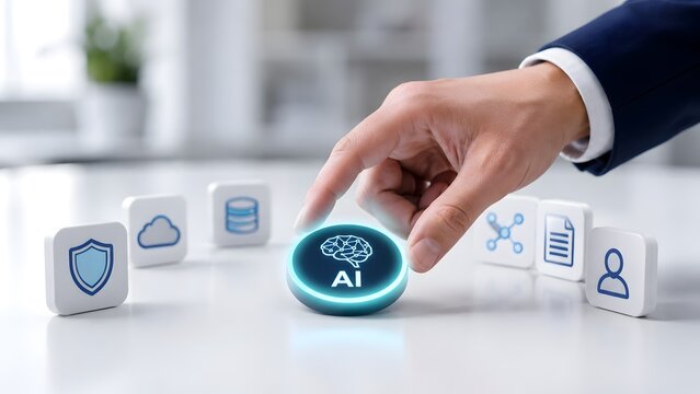 Businessman hand touching central AI brain button on white desk connecting to digital network icons for business automation and security