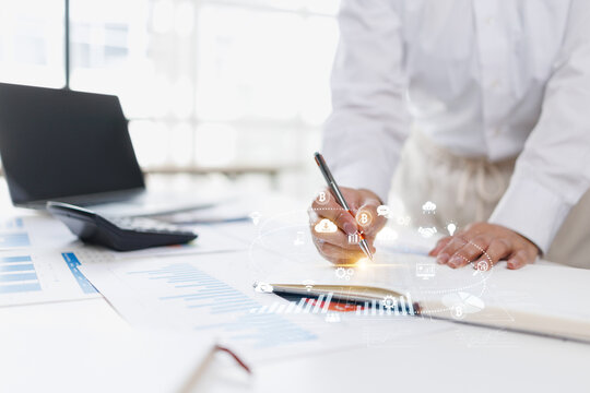 Business graphs finance results, profit growth and budget review. Staff, team and digital with financial report, revenue stats and dividend comparison of risk assessment