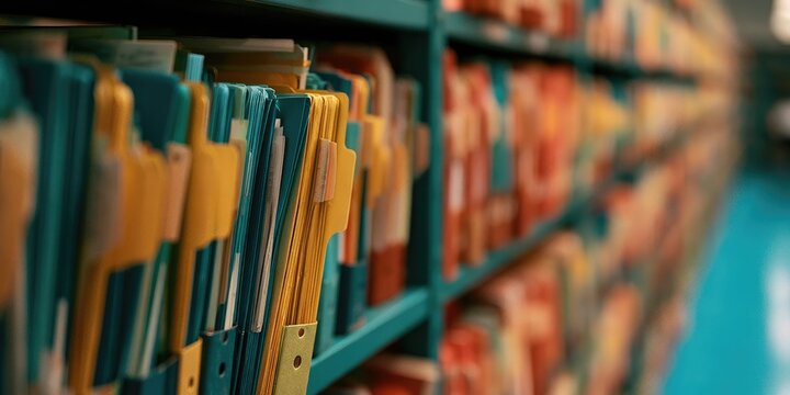 Rows of colorful files and folders arranged on shelves in a storage room