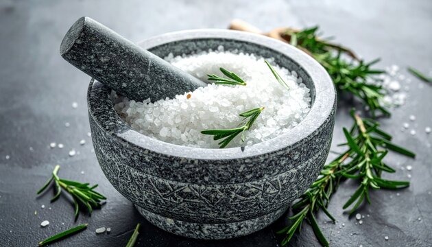 Granite mortar and pestle with sea salt and fresh rosemary sprigs for culinary preparation.